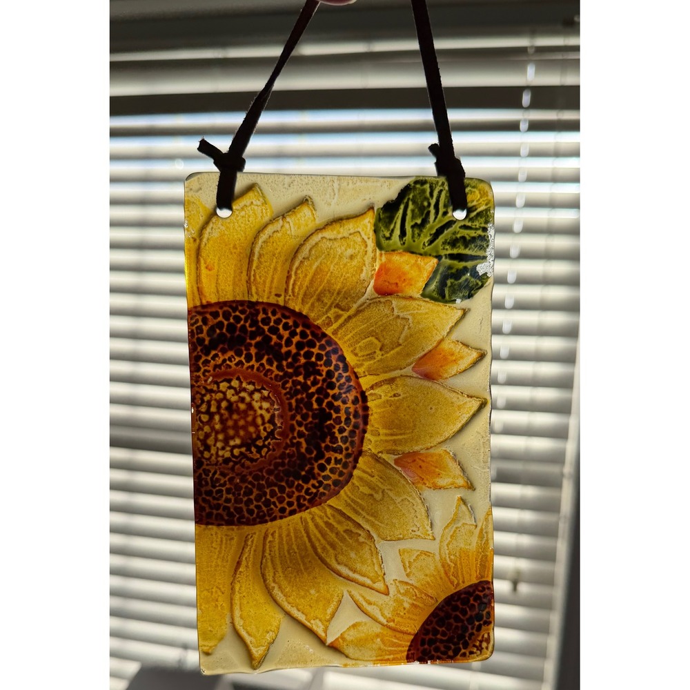 Sunflower Fused Glass Wall Hanging Suncatcher Textured Art 6x3.5 Yellow Orange